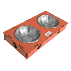 Ahşap Sehpalı İkili Devrilmez Kedi Köpek Su Ve Mama Kabı 34 cm - 300 ml Turuncu