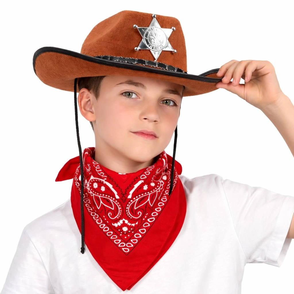 Çocuk Kovboy Şapka Rozetli Kahverengi  Kırmızı Bandana Seti