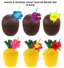 Ananas & Hindistan Cevizi Tasarımlı Pipetli Bardak Seti (6 Adet)