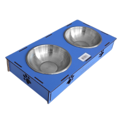 Ahşap Sehpalı İkili Devrilmez Kedi Köpek Su Ve Mama Kabı 34 cm - 300 ml Mavi