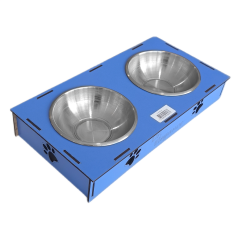 Ahşap Sehpalı İkili Devrilmez Kedi Köpek Su Ve Mama Kabı 34 cm - 300 ml Mavi