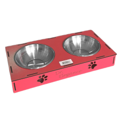 Ahşap Sehpalı İkili Devrilmez Kedi Köpek Su Ve Mama Kabı 34 cm - 300 ml Kırmızı
