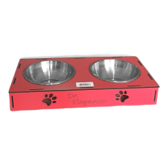 Ahşap Sehpalı İkili Devrilmez Kedi Köpek Su Ve Mama Kabı 34 cm - 300 ml Kırmızı