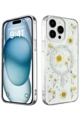 Newface İphone 15 Pro Max Kılıf Daisy Simli Magsafe Kapak - Gümüş