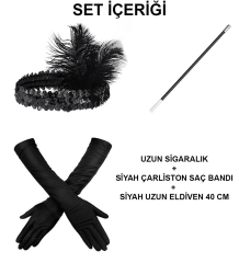 192039ler Gatsby Aksesuar Seti – Siyah Charleston Saç Bandı, Uzun Eldiven  Lık