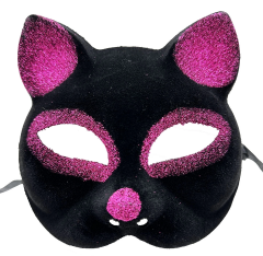 Siyah Renk Fuşya Simli Süet Kaplama Kedi Maskesi 18x14 Cm