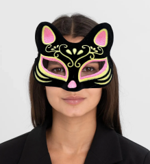 Siyah Renk Süet Kaplama Üzeri Pembe Sarı Simli Kedi Maskesi 17x14 Cm