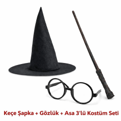 Harry Potter Tarzı Çocuk Seti (siyah Keçe Şapka, Asa, Gözlük)