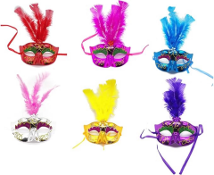 Renkli Tüylü Venedik Parti Maskesi Karışık Renk 12 Adet