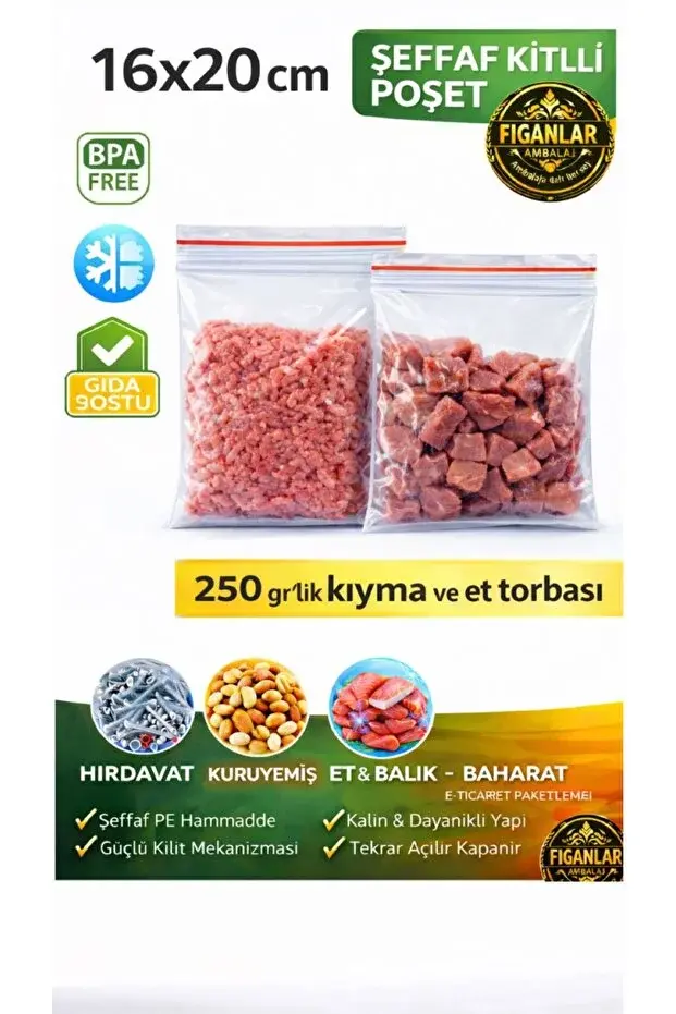 100 Adet 16x20 cm Şeffaf Kilitli Kıyma ve Et Saklama Poşeti