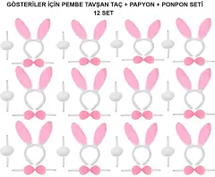 Pembe Tavşan Kostüm Seti – Taç, Papyon, Ponpon (12’li Paket)