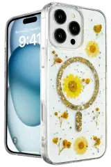 Newface Apple İphone 16 Pro Kılıf Daisy Simli Magsafe Kapak - Gold
