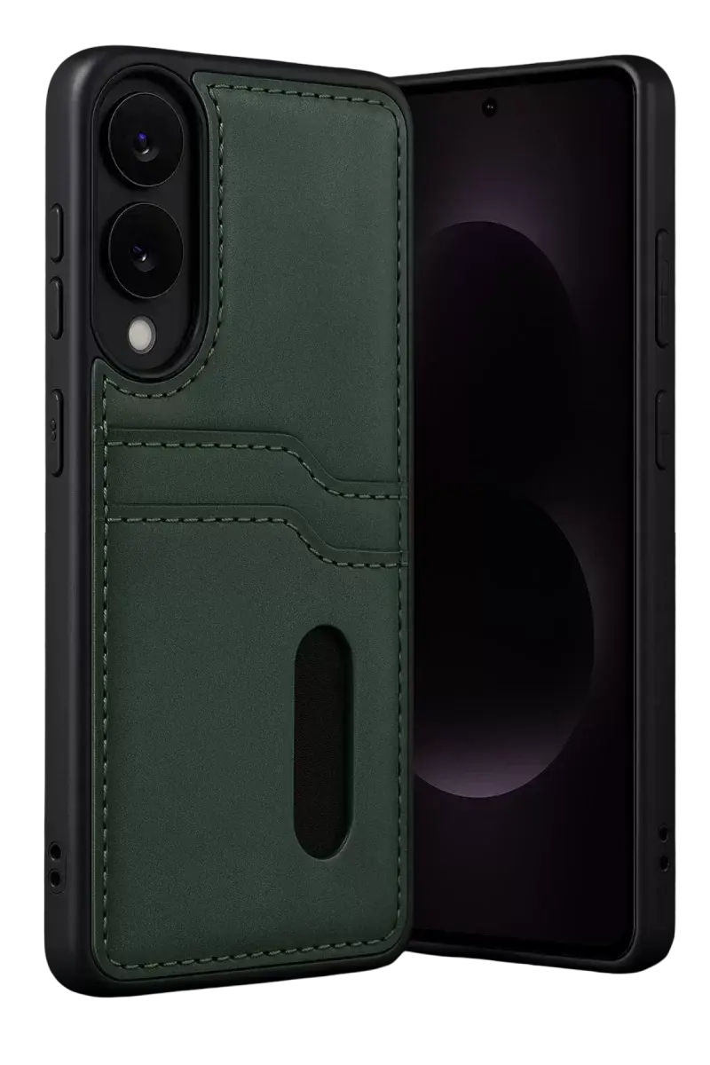 Newface Samsung Galaxy S25 Edge Sara Kartvizitli Deri Kılıf - Koyu Yeşil