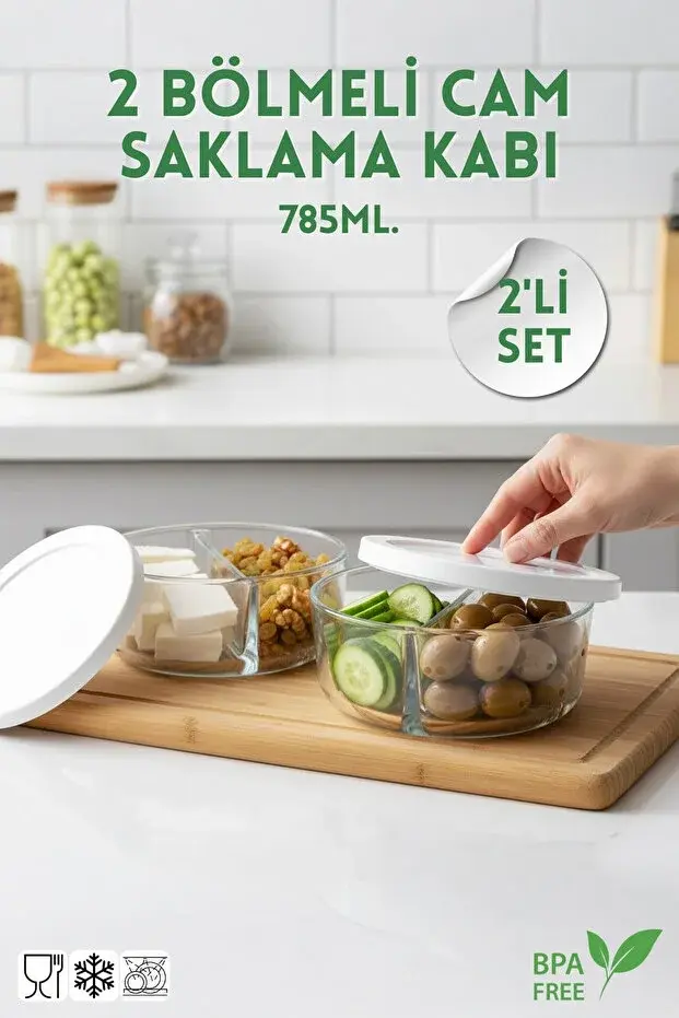 2'li Set 2 Bölmeli Cam Saklama ve Beslenme Kabı (785 ml)