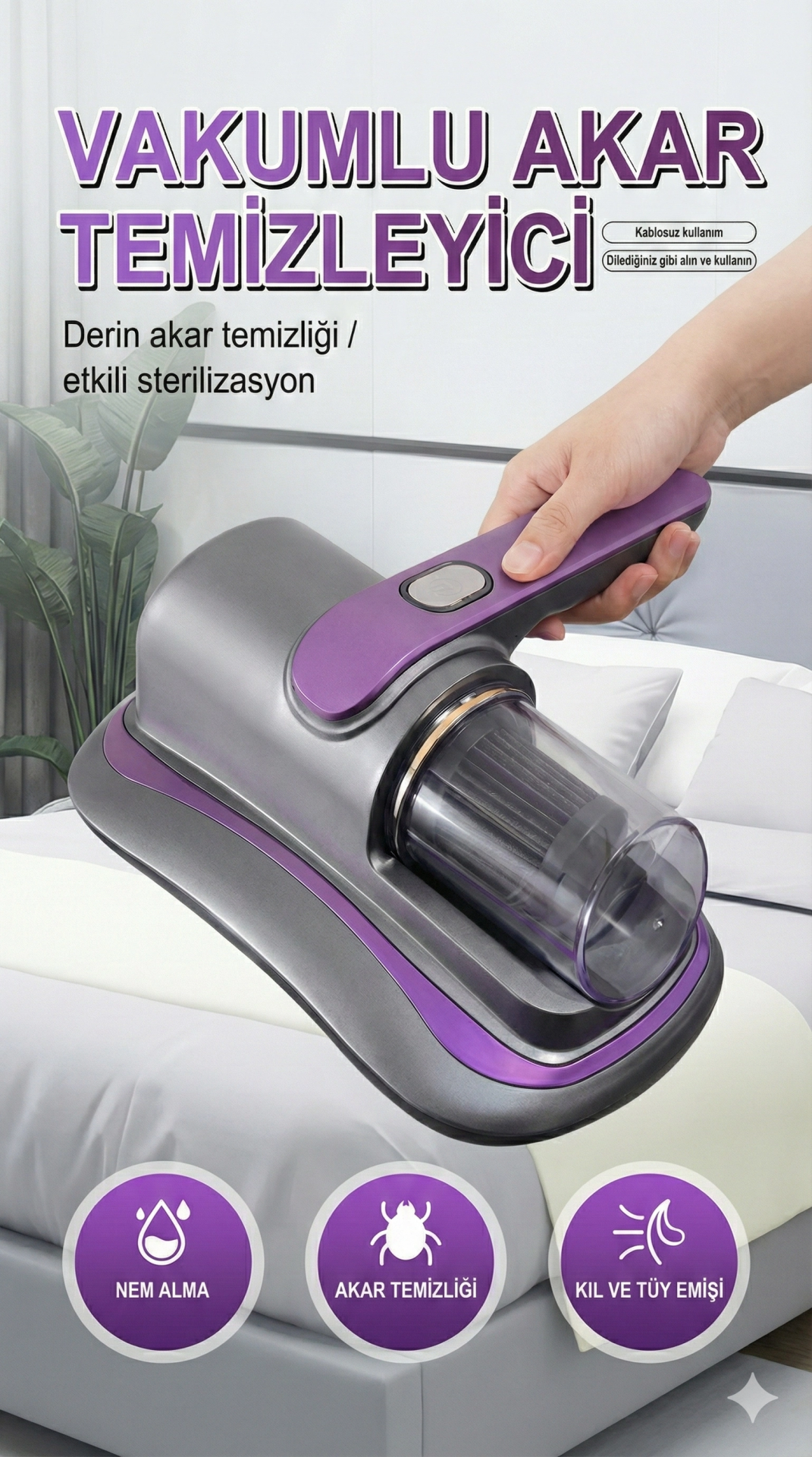 Uv Işık Teknolojili Güçlü Motorlu Yatak Temizleme Cihazı - %99,9 Akar Giderme Özelliği İle