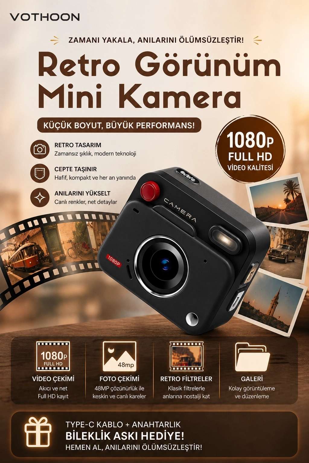 Nostaljik Tasarımı Retro Görünüm Kare Mini Foto Video Kamera 1080p Full Hd 32gb Kart Hediyeli