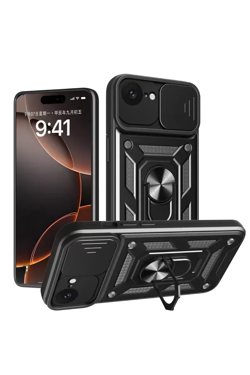 Newface Apple İphone 16e Kılıf Pars Lens Yüzüklü Silikon - Siyah