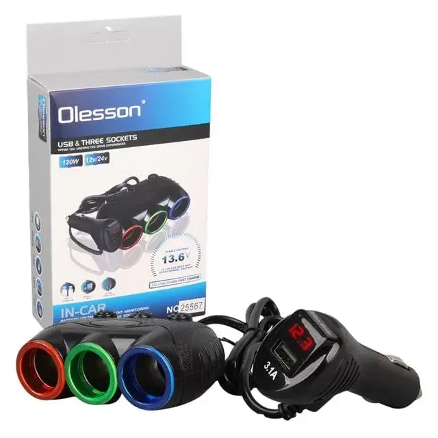 Olesson 1633 12-24v 3lü Usbli 120w 80cm Kablolu Dijital Ekranlı Araç Çakmak Çoklayıcı