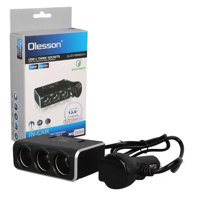 Olesson 1639 12-24v 3lü Çift Usbli 120w 80cm Kablolu Dijital Ekranlı Araç Çakmak Çoklayıcı