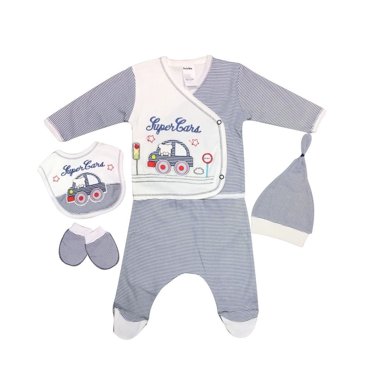AyBaby AY845 Çizgili Arabalı 5li Bebek Zıbın Seti 0-3 Ay - Lacivert