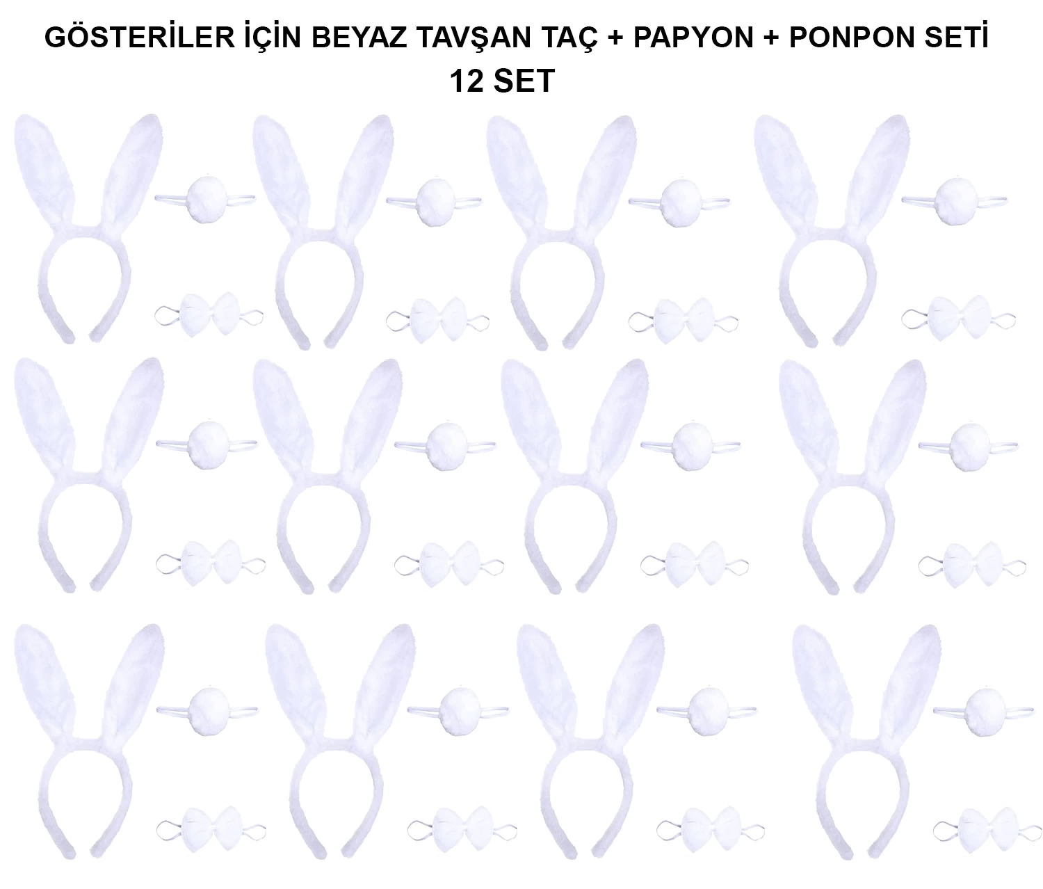 Beyaz Tavşan Kostüm Seti – Taç, Papyon, Kuyruk (12’li Paket)