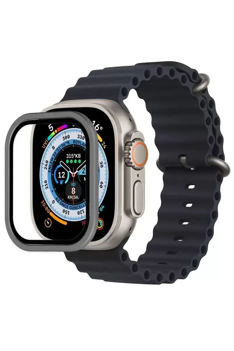 Newface Apple Watch Ultra 49mm Alüminyum Kasa Cam Ekran Koruyucu - Gri