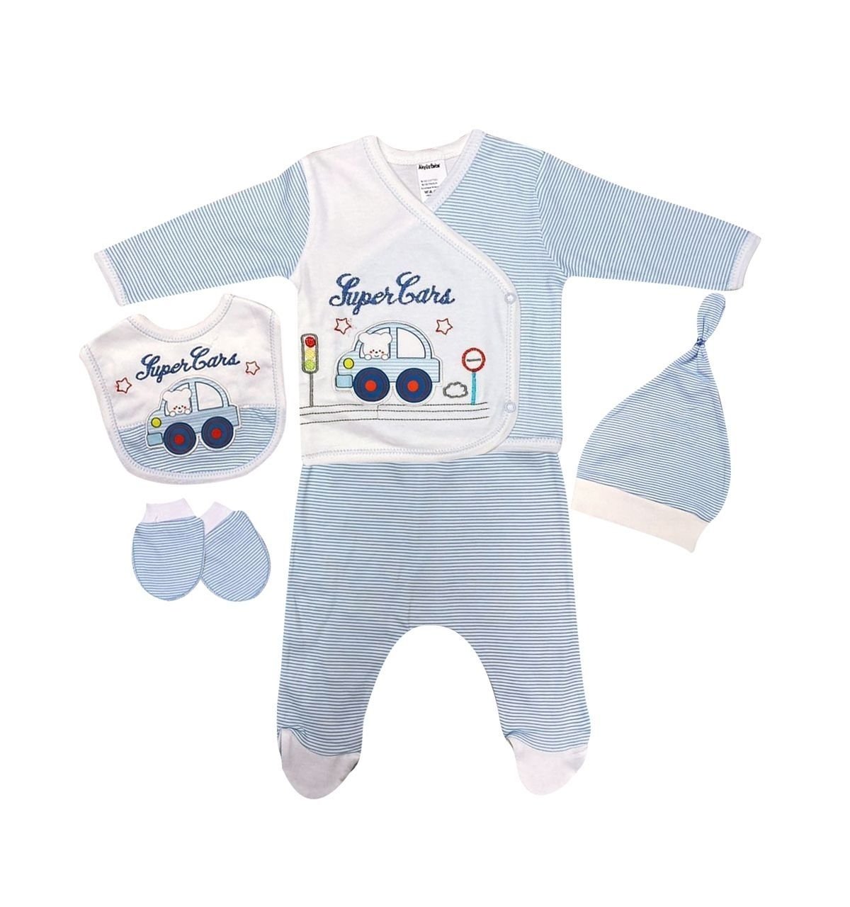 AyBaby AY845 Çizgili Arabalı 5li Bebek Zıbın Seti 0-3 Ay - Mavi