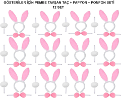 Pembe Tavşan Kostüm Seti – Taç, Papyon, Ponpon (12’li Paket)