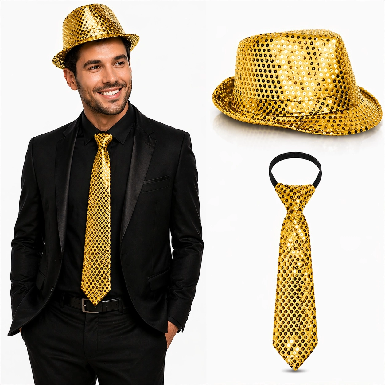 Altın Gold Payetli Şapka Ve Kravat Seti – Işıltılı Parti Kombini