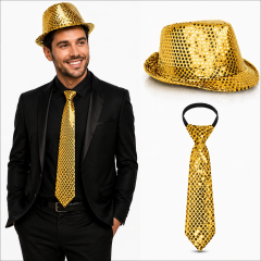 Altın Gold Payetli Şapka Ve Kravat Seti – Işıltılı Parti Kombini