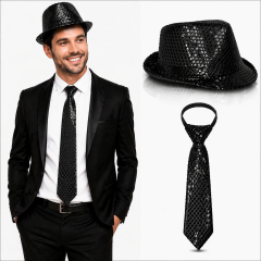 Siyah Payetli Şapka Ve Kravat Seti – Işıltılı Parti Kombini