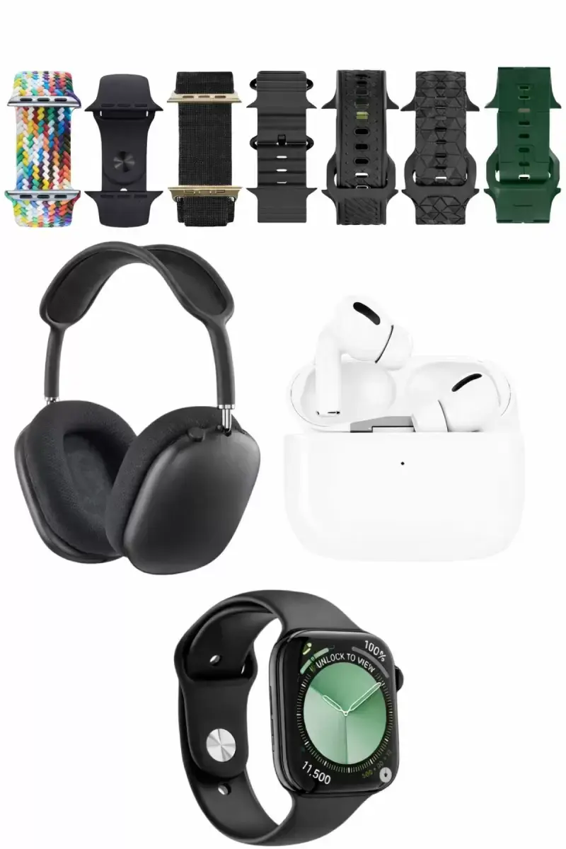 Karler Bass K32 Kombo 7 Adet Kordon Akıllı Saat Airpods Kulaklık Kafa Üstü Kablosuz Kulaklık Set - Siyah