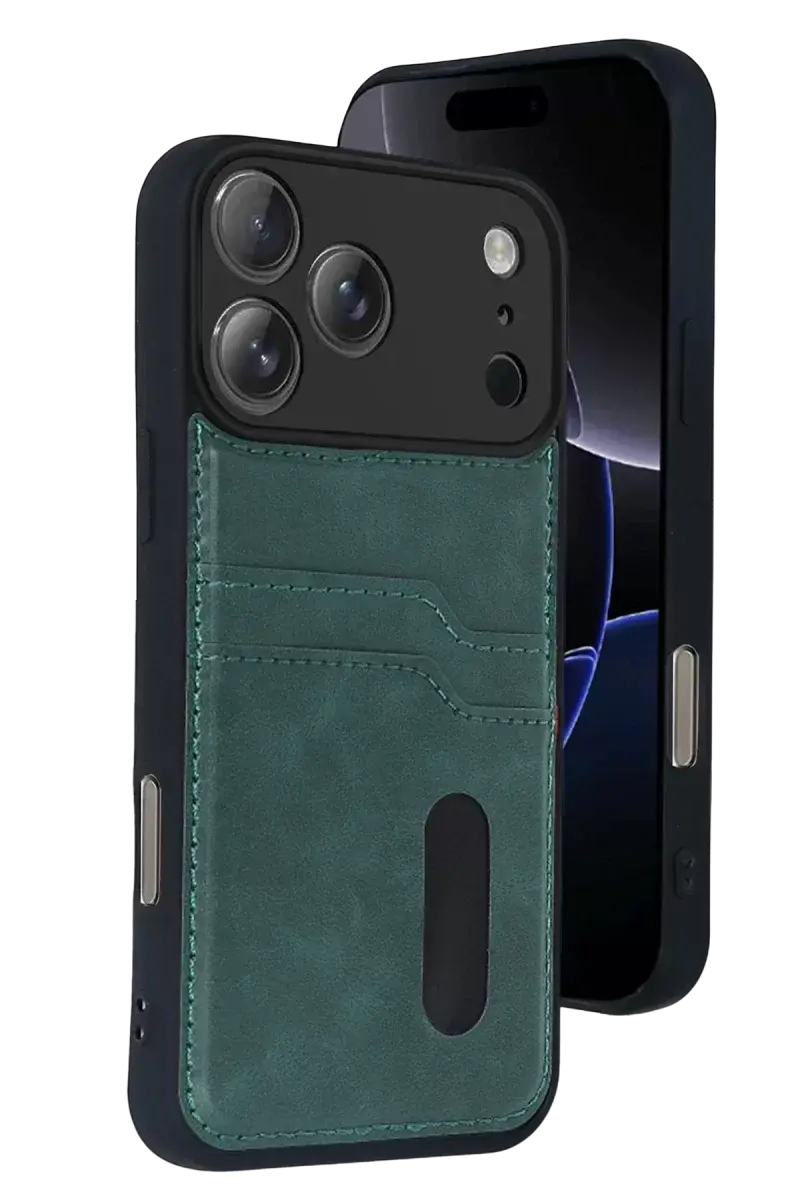 Newface Apple İphone 17 Pro Sara Kartvizitli Deri Kılıf - Yeşil