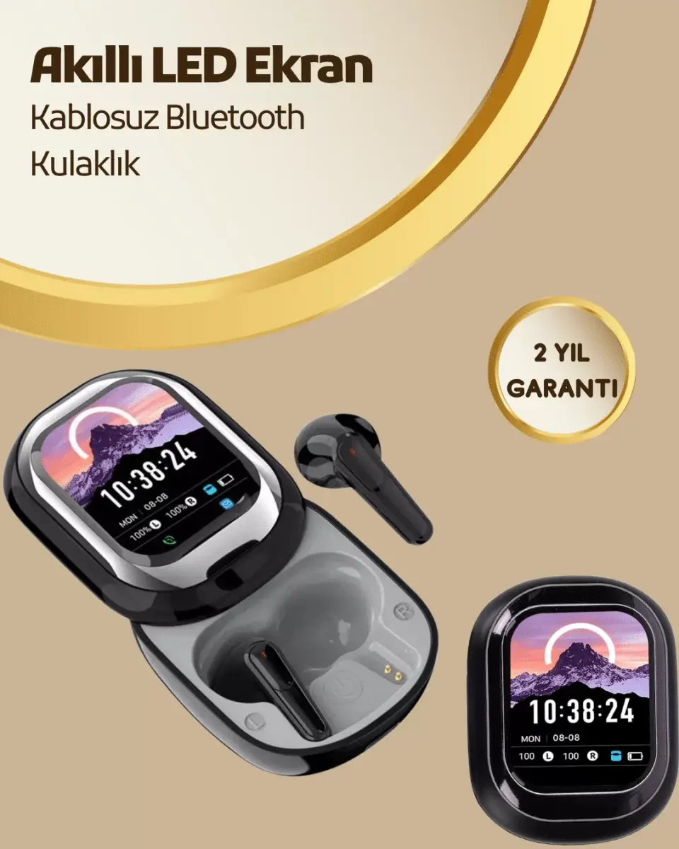 Akıllı Ekranlı Bluetooth 5.4 Kablosuz Kulaklık – Dokunmatik Ve Şarj Kutulu