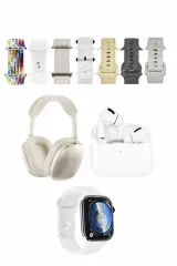 Karler Bass K32 Kombo 7 Adet Kordon Akıllı Saat Airpods Kulaklık Kafa Üstü Kablosuz Kulaklık Set - Beyaz