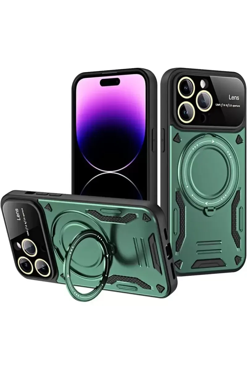 Newface Apple İphone 16 Pro Max Kılıf Joy Lens Standlı Kapak - Koyu Yeşil